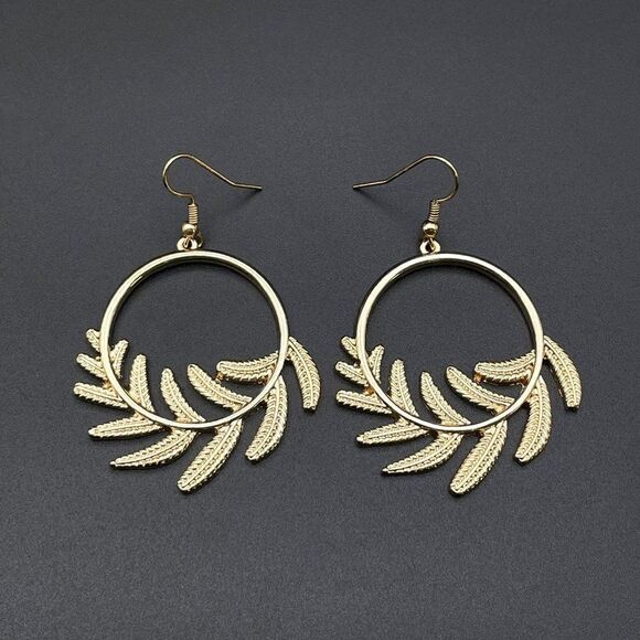 Yellow Gold Round Circular Open Hoop Fern Leaf Dangling Drop Hook Earrings - Picture 2 of 8